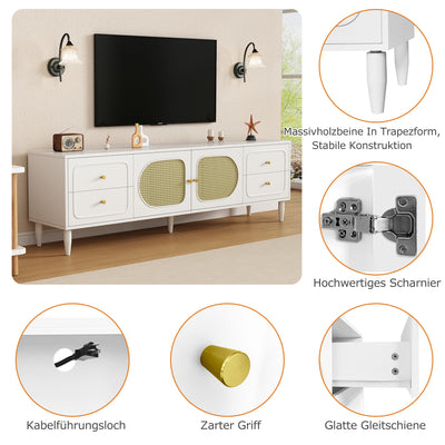 Meuble TV Élégant Blanc et Rotin avec 4 Tiroirs, Gestion des Câbles et Pieds Réglables (180x40x56.5cm - Pour TV jusqu'à 80 pouces) ROGRAX