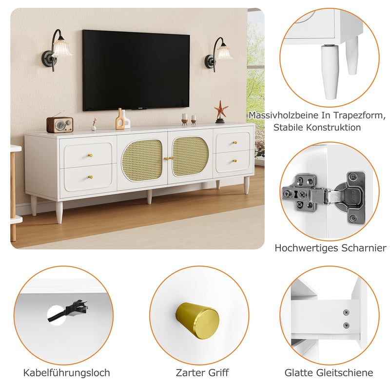 Meuble TV Élégant Blanc et Rotin avec 4 Tiroirs, Gestion des Câbles et Pieds Réglables (180x40x56.5cm - Pour TV jusqu&