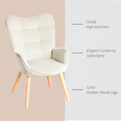 Scandinavian armchair in beige corduroy with beech legs KANAS CORDUROY BEIGE OAK LEG