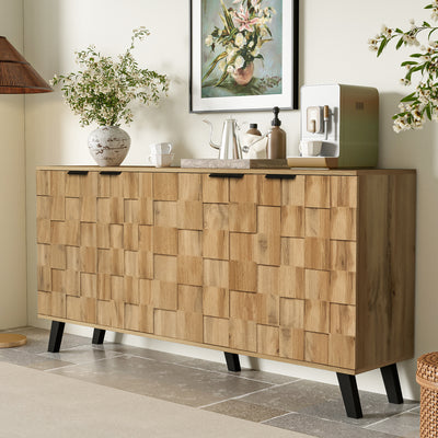 Buffet / Commode Moderne Effet Bois Naturel avec Motifs Géométriques, 4 Portes et Étagères Réglables (160.5x35.5x78cm) OCAERS
