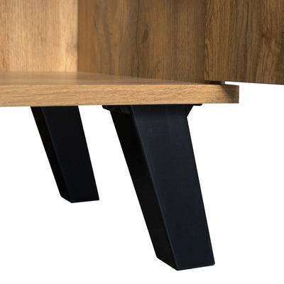 Buffet / Commode Moderne Effet Bois Naturel avec Motifs Géométriques, 4 Portes et Étagères Réglables (160.5x35.5x78cm) OCAERS