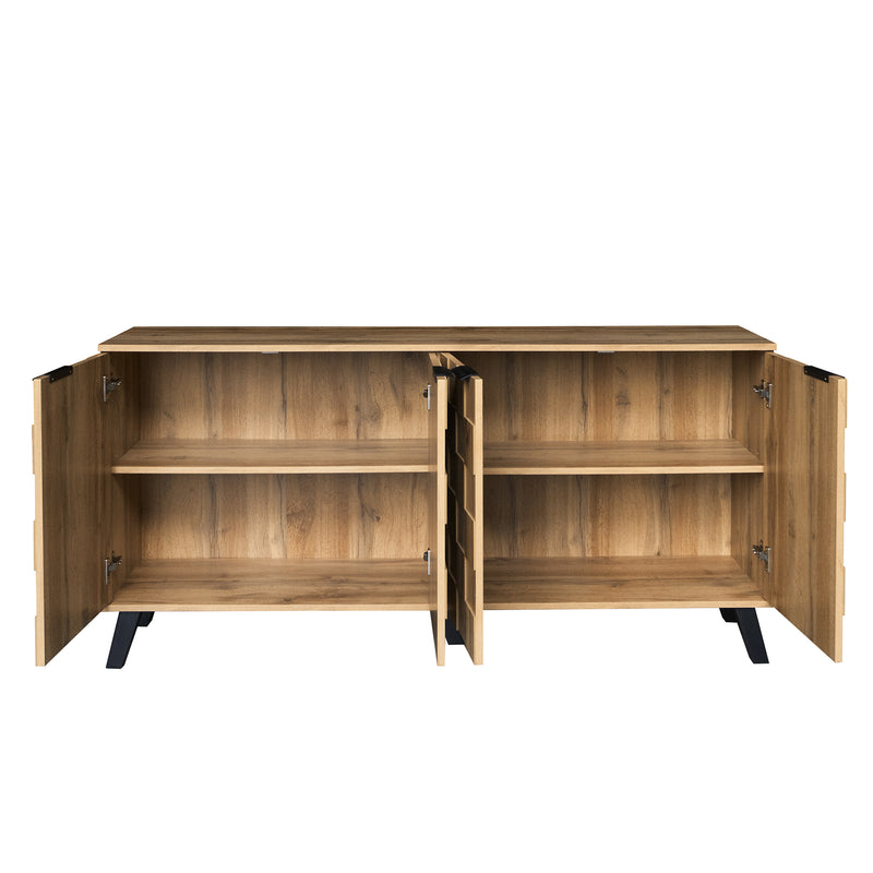 Buffet / Commode Moderne Effet Bois Naturel avec Motifs Géométriques, 4 Portes et Étagères Réglables (160.5x35.5x78cm) OCAERS