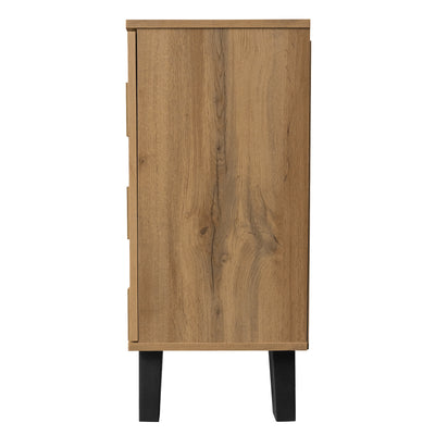 Buffet / Commode Moderne Effet Bois Naturel avec Motifs Géométriques, 4 Portes et Étagères Réglables (160.5x35.5x78cm) OCAERS