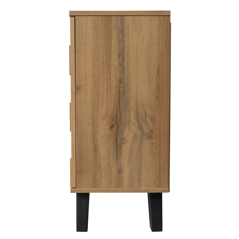 Buffet / Commode Moderne Effet Bois Naturel avec Motifs Géométriques, 4 Portes et Étagères Réglables (160.5x35.5x78cm) OCAERS
