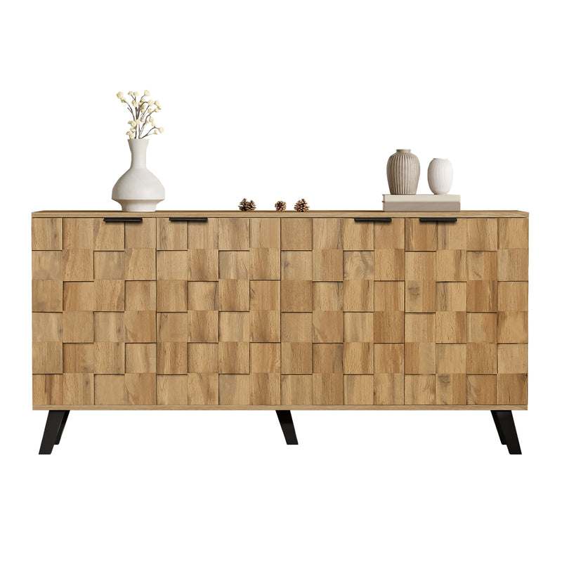 Buffet / Commode Moderne Effet Bois Naturel avec Motifs Géométriques, 4 Portes et Étagères Réglables (160.5x35.5x78cm) OCAERS