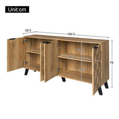 Buffet / Commode Moderne Effet Bois Naturel avec Motifs Géométriques, 4 Portes et Étagères Réglables (160.5x35.5x78cm) OCAERS