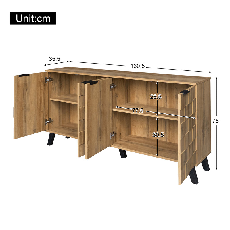 Buffet / Commode Moderne Effet Bois Naturel avec Motifs Géométriques, 4 Portes et Étagères Réglables (160.5x35.5x78cm) OCAERS