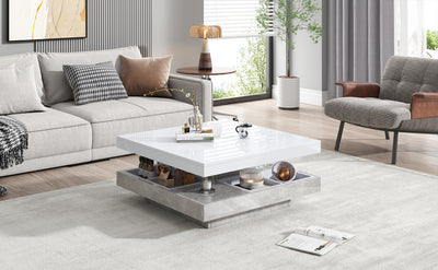 Table Basse Pivotante Blanche et Effet Marbre Double Couche avec Rangement Intégré ACHO