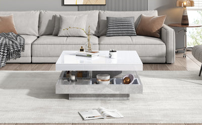 Table Basse Pivotante Blanche et Effet Marbre Double Couche avec Rangement Intégré ACHO