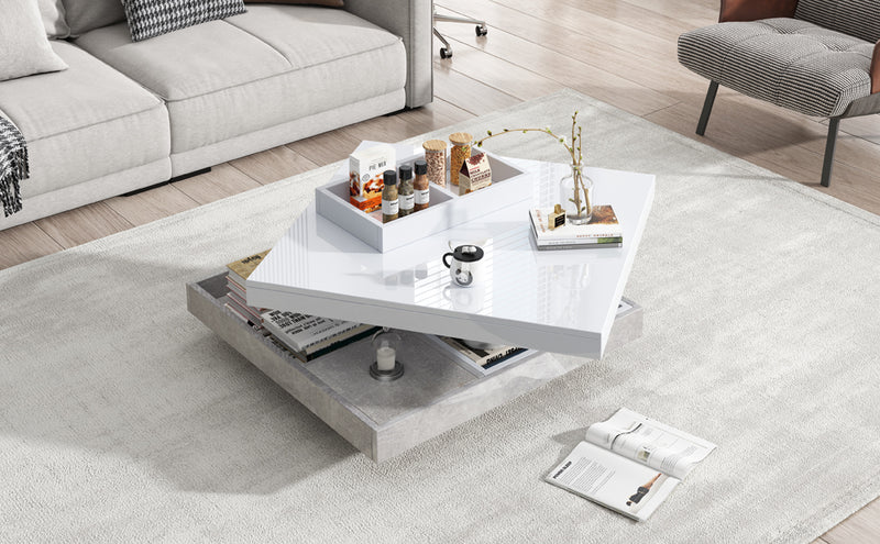 Table Basse Pivotante Blanche et Effet Marbre Double Couche avec Rangement Intégré ACHO