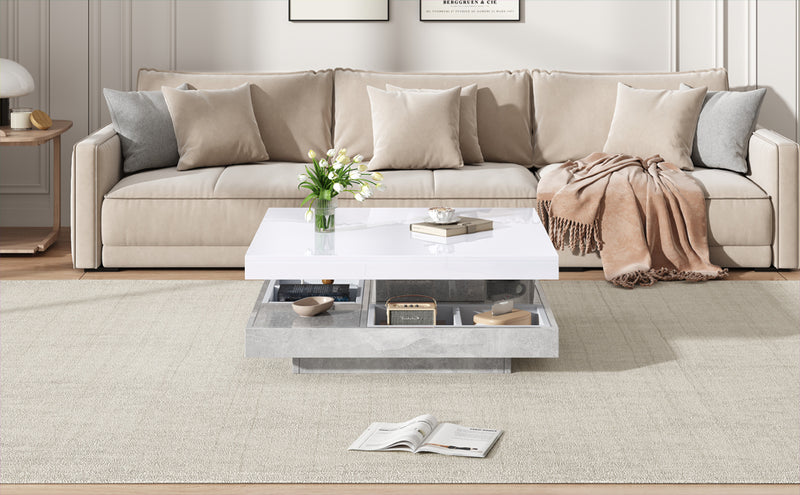 Table Basse Pivotante Blanche et Effet Marbre Double Couche avec Rangement Intégré ACHO