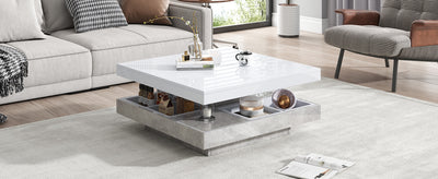 Table Basse Pivotante Blanche et Effet Marbre Double Couche avec Rangement Intégré ACHO