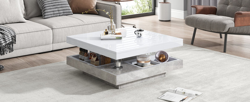 Table Basse Pivotante Blanche et Effet Marbre Double Couche avec Rangement Intégré ACHO