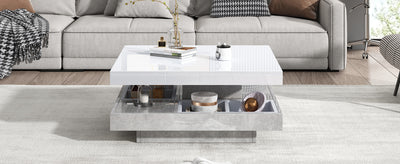 Table Basse Pivotante Blanche et Effet Marbre Double Couche avec Rangement Intégré ACHO