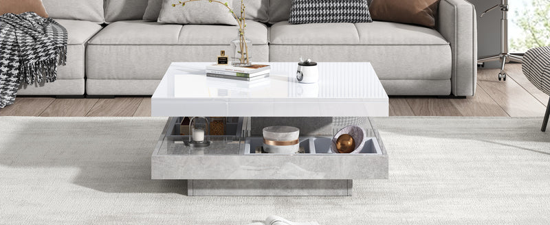 Table Basse Pivotante Blanche et Effet Marbre Double Couche avec Rangement Intégré ACHO