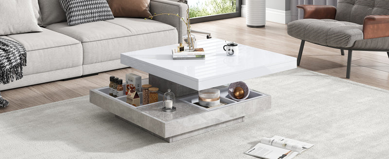 Table Basse Pivotante Blanche et Effet Marbre Double Couche avec Rangement Intégré ACHO