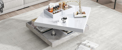 Table Basse Pivotante Blanche et Effet Marbre Double Couche avec Rangement Intégré ACHO