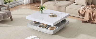 Table Basse Pivotante Blanche et Effet Marbre Double Couche avec Rangement Intégré ACHO