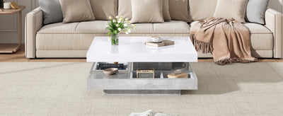 Table Basse Pivotante Blanche et Effet Marbre Double Couche avec Rangement Intégré ACHO