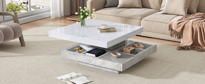 Table Basse Pivotante Blanche et Effet Marbre Double Couche avec Rangement Intégré ACHO