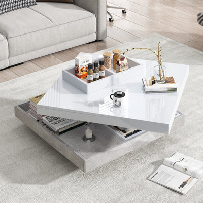 Table Basse Pivotante Blanche et Effet Marbre Double Couche avec Rangement Intégré ACHO