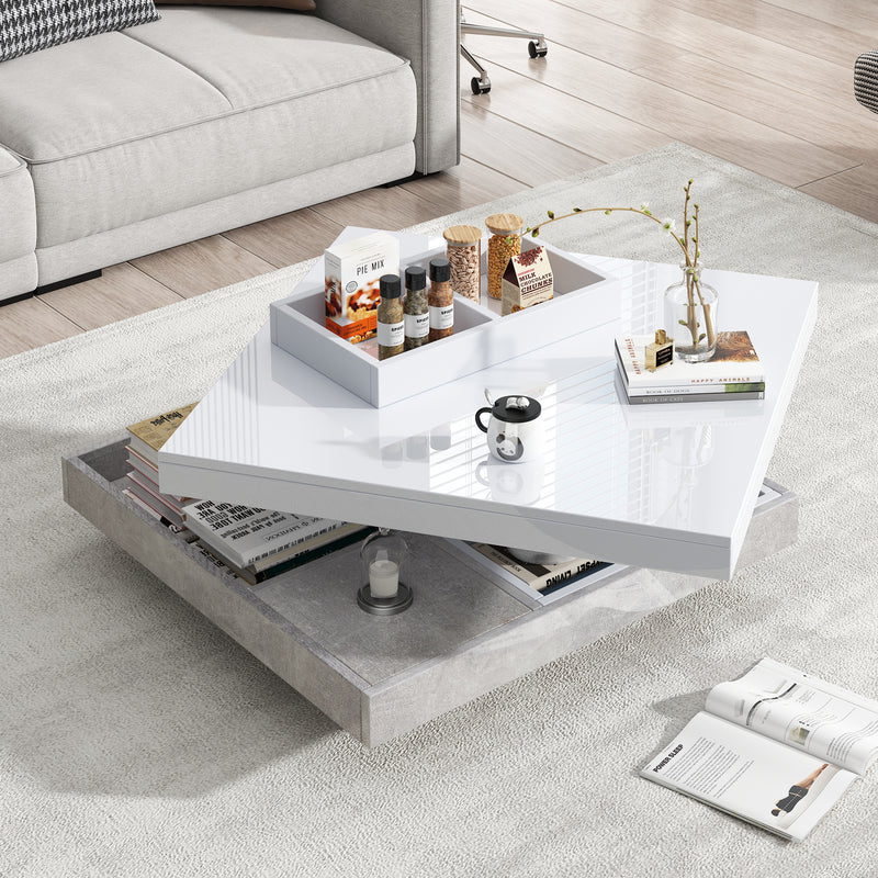 Table Basse Pivotante Blanche et Effet Marbre Double Couche avec Rangement Intégré ACHO