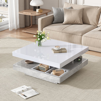 Table Basse Pivotante Blanche et Effet Marbre Double Couche avec Rangement Intégré ACHO