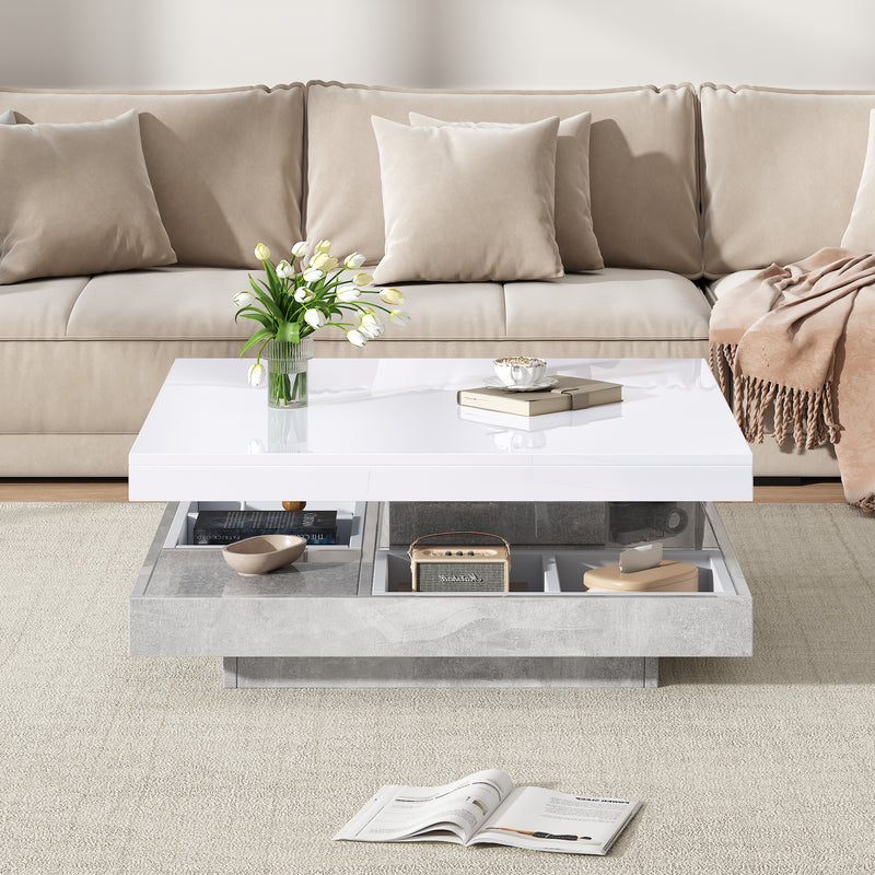 Table Basse Pivotante Blanche et Effet Marbre Double Couche avec Rangement Intégré ACHO