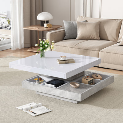 Table Basse Pivotante Blanche et Effet Marbre Double Couche avec Rangement Intégré ACHO