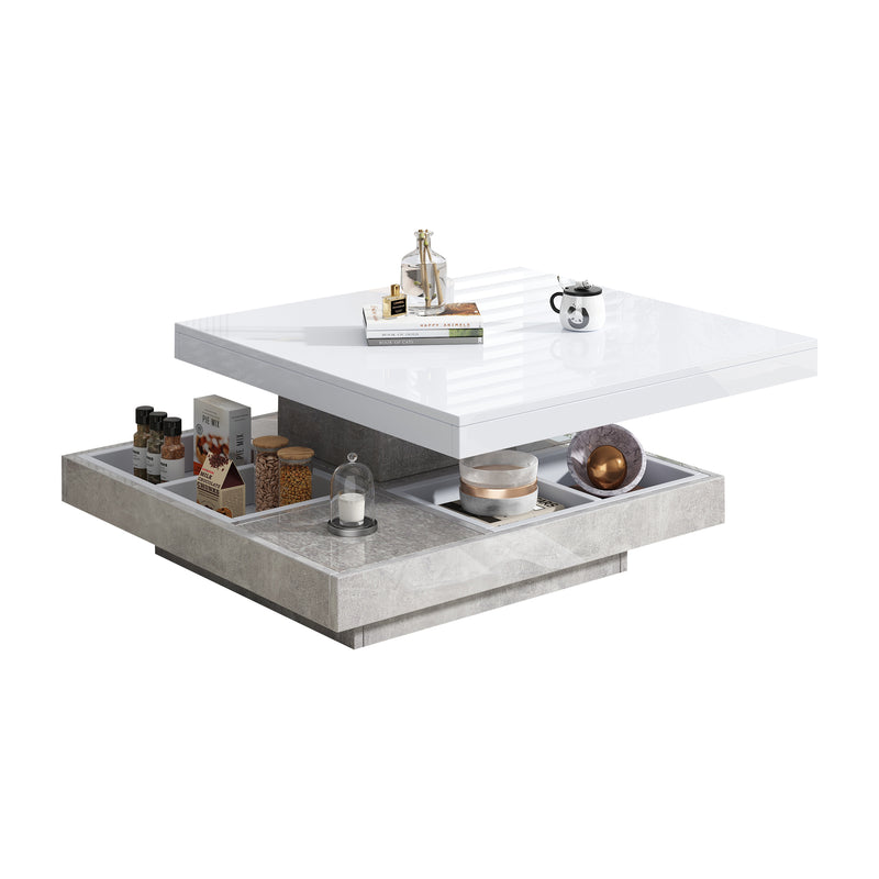 Table Basse Pivotante Blanche et Effet Marbre Double Couche avec Rangement Intégré ACHO