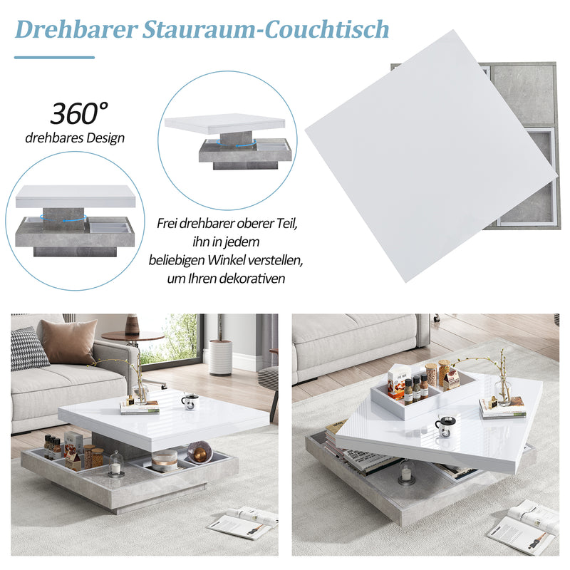 Table Basse Pivotante Blanche et Effet Marbre Double Couche avec Rangement Intégré ACHO