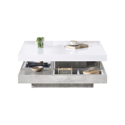 Table Basse Pivotante Blanche et Effet Marbre Double Couche avec Rangement Intégré ACHO