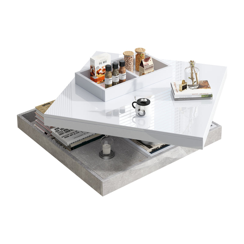 Table Basse Pivotante Blanche et Effet Marbre Double Couche avec Rangement Intégré ACHO
