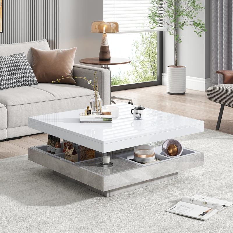 Table Basse Pivotante Blanche et Effet Marbre Double Couche avec Rangement Intégré ACHO