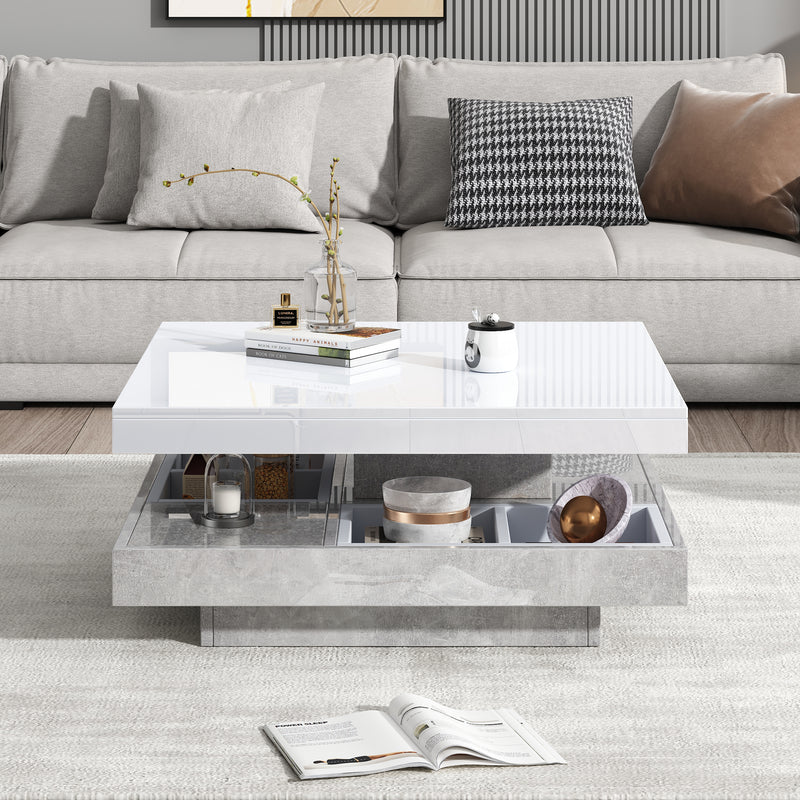 Table Basse Pivotante Blanche et Effet Marbre Double Couche avec Rangement Intégré ACHO