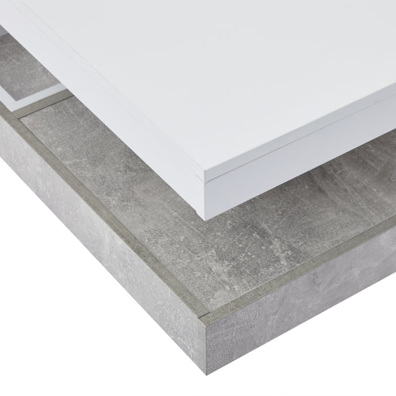 Table Basse Pivotante Blanche et Effet Marbre Double Couche avec Rangement Intégré ACHO