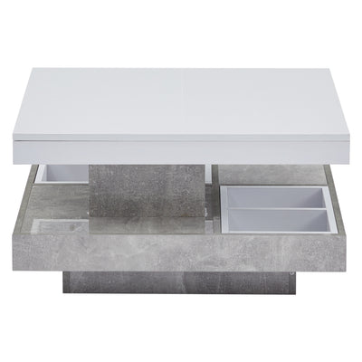 Table Basse Pivotante Blanche et Effet Marbre Double Couche avec Rangement Intégré ACHO