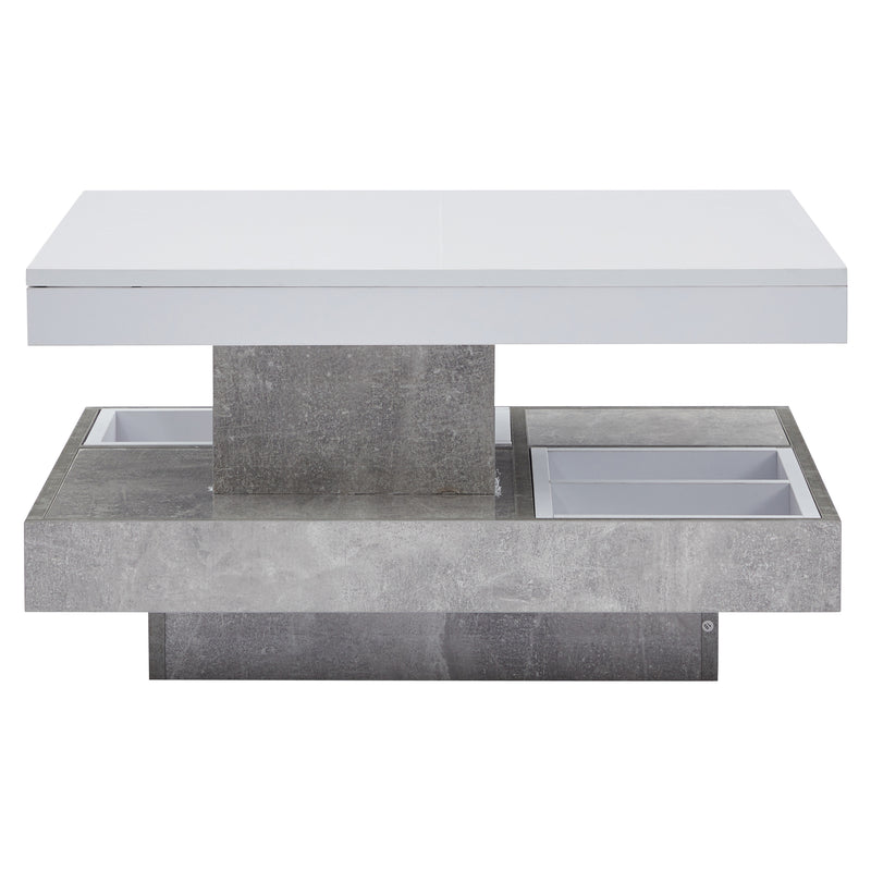 Table Basse Pivotante Blanche et Effet Marbre Double Couche avec Rangement Intégré ACHO