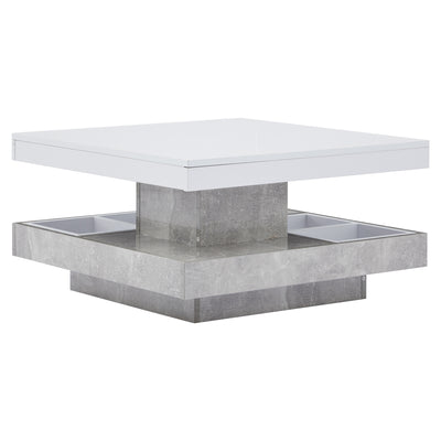 Table Basse Pivotante Blanche et Effet Marbre Double Couche avec Rangement Intégré ACHO