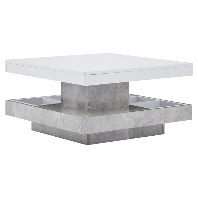 Table Basse Pivotante Blanche et Effet Marbre Double Couche avec Rangement Intégré ACHO