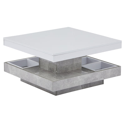 Table Basse Pivotante Blanche et Effet Marbre Double Couche avec Rangement Intégré ACHO