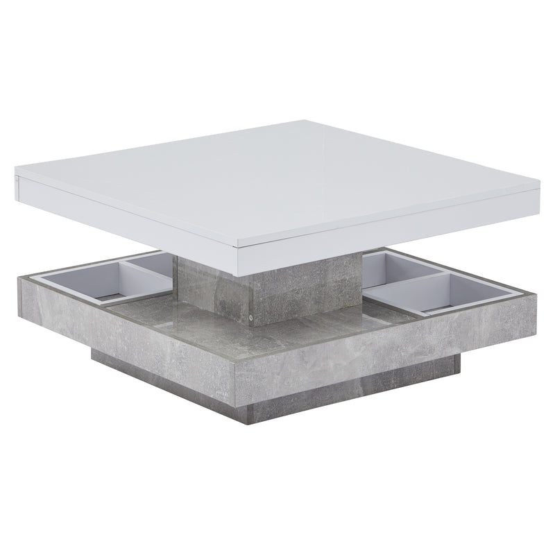 Table Basse Pivotante Blanche et Effet Marbre Double Couche avec Rangement Intégré ACHO
