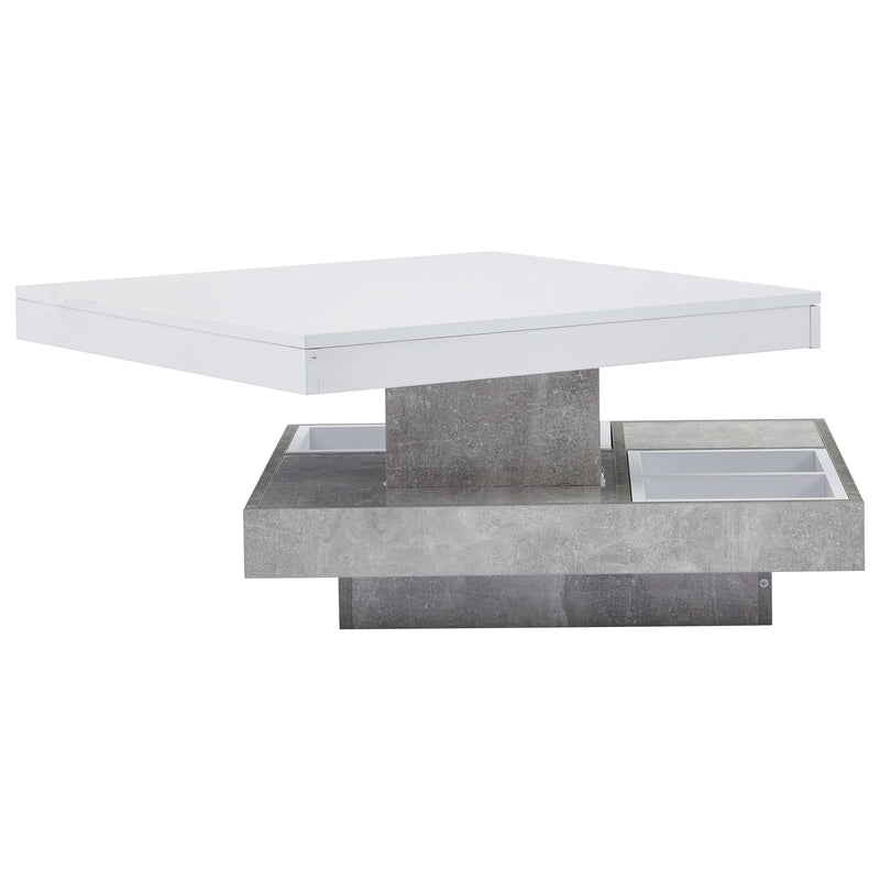 Table Basse Pivotante Blanche et Effet Marbre Double Couche avec Rangement Intégré ACHO