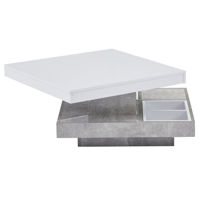 Table Basse Pivotante Blanche et Effet Marbre Double Couche avec Rangement Intégré ACHO