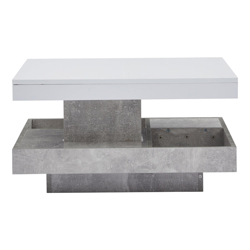 Table Basse Pivotante Blanche et Effet Marbre Double Couche avec Rangement Intégré ACHO