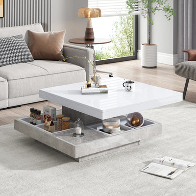 Table Basse Pivotante Blanche et Effet Marbre Double Couche avec Rangement Intégré ACHO