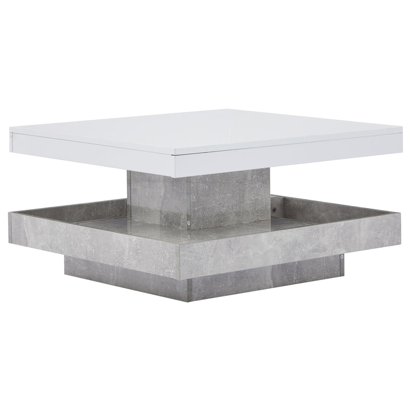 Table Basse Pivotante Blanche et Effet Marbre Double Couche avec Rangement Intégré ACHO