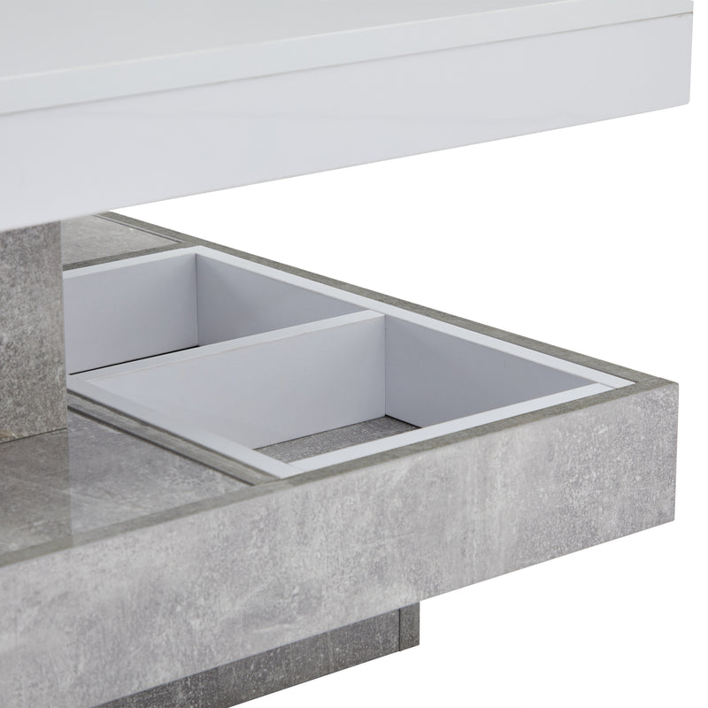 Table Basse Pivotante Blanche et Effet Marbre Double Couche avec Rangement Intégré ACHO