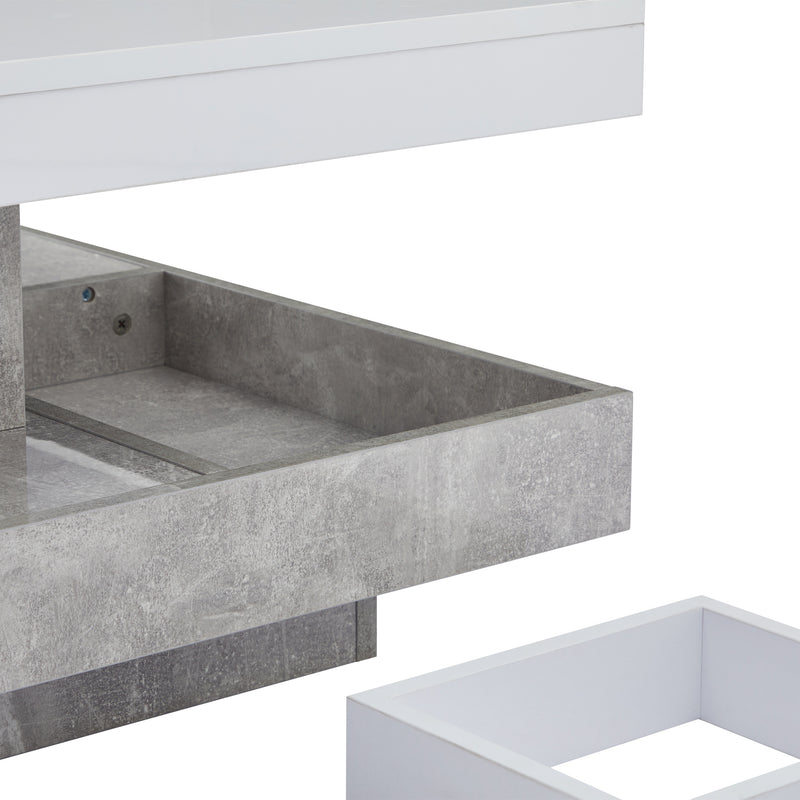 Table Basse Pivotante Blanche et Effet Marbre Double Couche avec Rangement Intégré ACHO