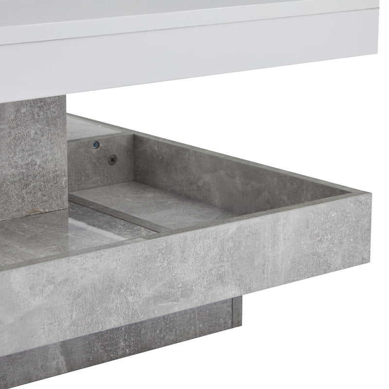 Table Basse Pivotante Blanche et Effet Marbre Double Couche avec Rangement Intégré ACHO